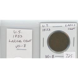 U.S. 1853 LARGE CENT. VG-8.