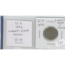 U.S. 1892 LIBERTY HEAD NICKEL 5 CENTS. G-4.
