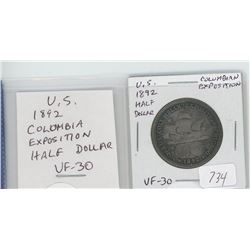 U.S. 1892 COLUMBIAN EXPOSITION HALF DOLLAR. THIS FIRST U.S. COMMEMORATIVE COIN DEPICTS CHRISTOPHER C