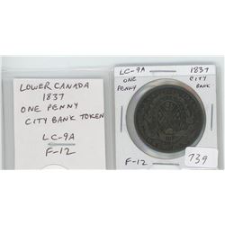 LOWER CANADA 1837 CITY BANK ONE PENNY TOKEN. LC-9A. F-12.
