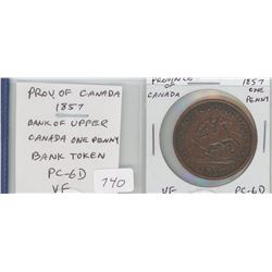 PROVINCE OF CANADA 1857 BANK OF UPPER CANADA ONE PENNY TOKEN. PC-6D. VF-20.