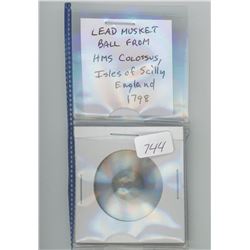 LEAD MUSKET BALL RECOVERED FROM THE WRECK OF HMS COLOSSUS, WHICH SANK OFF THE ISLES OF SCILLY, ENGLA