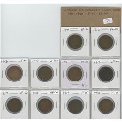 COMPLETE SET OF 10 GEORGE V LARGE CENTS: 1911-1920 COINS GRADE F-15 – EF-40.