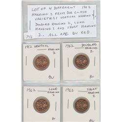 LOT OF 4 DIFFERENT 1962 HANGING 2 VARIETIES CAUSED BY A DIE CLASH INCLUDING VERTICAL HANGING 2, DOUB