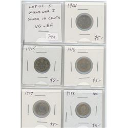 LOT OF 5 DIFFERENT CANADIAN WORLD WAR I SILVER 10 CENTS AND 5 CENTS: 1914, 1915, 1916, 1917, 1918. C