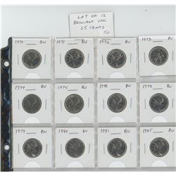 LOT OF 12 DIFFERENT CANADIAN BRILLIANT UNCIRCULATED 25 CENTS 1970 – 1985: 1970, 1971, 1972, 1973, 19