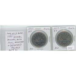 LOT OF 2 DIFFERENT 1977 NICKEL DOLLARS, BOTH SHORT WATER LINES. ONE HAS ATTACHED JEWEL, THE OTHER DE