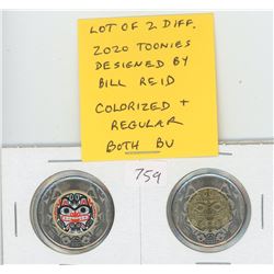 LOT OF 2 2020 TOONIES, BOTH DESIGNED BY FIRST NATIONS ARTIST BILL REID. BOTH COLOURIZED AND REGULAR.