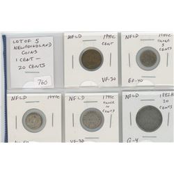 LOT OF 5 NEWFOUNDLAND COINS: 1941C 1C VF-30, 1940C SILVER 5 CENTS EF-40, 1941C SILVER 5 CENTS AU-50,