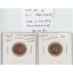 LOT OF 2 U.S. 1964 CENTS: ONE WITH JOHN F. KENNEDY COUNTERSTAMP. BOTH BU RED.