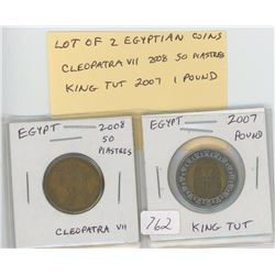 LOT OF 2 EGYPTIAN COINS: CLEOPATRA VII 2008 50 PIASTRES AND KING TUT 2007 POUND. BOTH AU.
