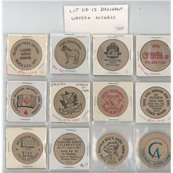 LOT OF 12 DIFFERENT WOODEN NICKELS INCLUDING IROQUOIS FALLS LOGGING CARNIVAL, FORT EDMONTON, WEST ED