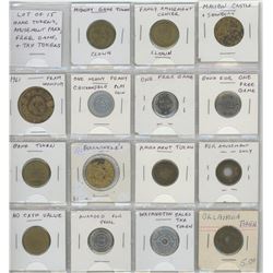 LOT OF 15 GAMING TOKENS, AMUSEMENT PARK, FREE GAME AND TAX TOKENS.