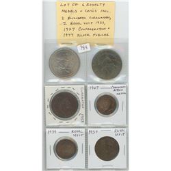 LOT OF 6 ROYALTY MEDALS AND COINS INCLUDING 2 DIFFERENT ELIZABETH 1953 CORONATION, 2 1939 ROYAL VISI