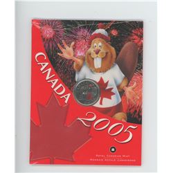 2005P RED COLOURIZED BEAVER & MAPLE LEAF 25 CENTS IN FOLDER OF ISSUE.