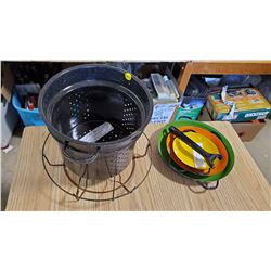 3 ENAMEL FRYING PANS W/ HANDLE, BLANCHING POT, CANNING RACK