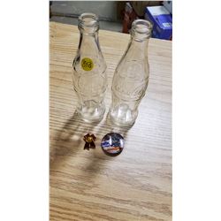 TWO COCA-COLA BOTTLES, USSR LENIN PIN, 90-91 RAY BOURQUE PIN