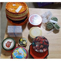 LOT OF BASKETS, TINS, WEDDING FLOWER HOLDERS, CD JEWEL CASES