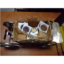 MUSICAL CARRIAGE, TEN COINS, ONE GOLD PLATED CHAIN