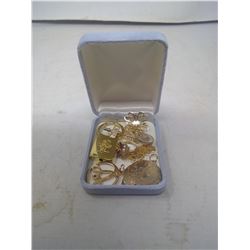 NECKLACE BOX OF PINS, CHARMS AND BROACHES