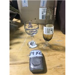 NORTH BATTLEFORD S/DIVISION 1981 CUP + TALL VINTAGE COLOURED GLASS+  VINTAGE FLASK