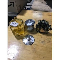 VINTAGE SHIP THEREMOMETER + YELLOW JAR + TIN JAR W/ EXTRA TIN LID