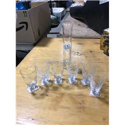 6 GLASSES + TALL VASE (HAND BLOWN GLASS) (PINWHEEL CRYSTSL GLASS)