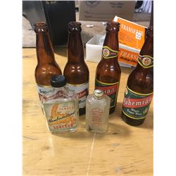 4 BEER BOTTLES "BOHEMIAN" "RED RIBBON" + NEWFOUNDLAND SCREECH BOTTLE (VINTAGE LOT)