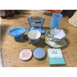 2 TEACUPS + 1 PLATE + SOAP DISH + BLUE CANDLE HOLDER+ ETC (VINTAGE LOT)