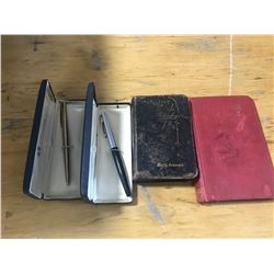 (2) VINTAGE PENS + CASES + 1 BOOK + BIBLE