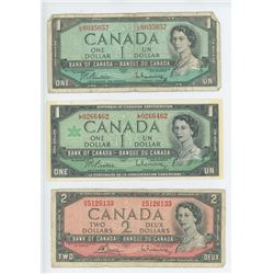 3 BANK OF CANADA DOLLAR BILLS (1954, 1967 ONE DOLLAR + 1954 TWO DOLLAR)