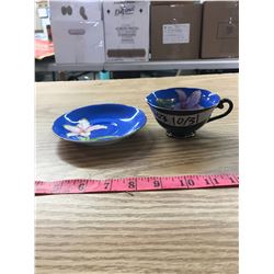 PRINCESS CHINA BLUE WITH PINK ORCHID TEACUP AND SAUCER, HAND PAINTED IN OCCUPIED JAPAN