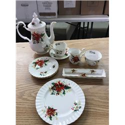 "POINSETTIA"  PATTERN , ROYAL ALBERT BONE CHINA, CHINA ENGLAND: 1- TEAPOT, 1 SET OF CREAM AND SUGAR,