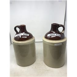 MATCHING (BROWN TOP, BEIGE BOTTOM) CROCK BOTTLES, HOLD A GALLON? (ONE HAS CHIPPED TOP AND THE OTHER 