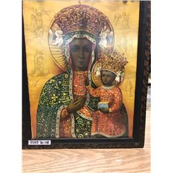 LARGE PRINT OF DARK SKINNED VIRGIN MARY AND BABY JESUS FROM UKRAINE (UKRAINE WRITING ON BACK) WOODEN