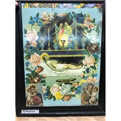 LARGE PRINT OF CHRIST IR. SHROUD AND ANGELS + 2 SMALL PRINTS OF HOLY FIGURES INSERTED (UKRAINE WRITI