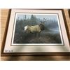Image 1 : LARGE PRINT OF ELK BY WYATT, BROWN FRAME, MATTING, SMALL HOLE IN PROFESSIONALLY FRAMED BACK, 27 1/2"