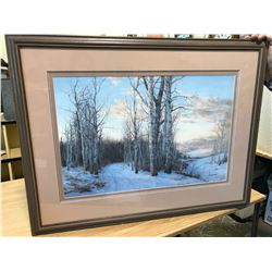 LARGE PRINT OF TREES IN WINTER BY AL SANJENKO, 127/390, FRAME WITH MATTING 34 1/2" X 26 1/2"