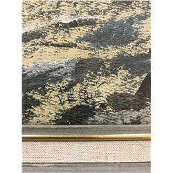 LARGE SUPPOSEDLY SHOE POLISH PAINTING OF TREES IN WINTER BY FR. P.E. COTE, GRAY FRAME 20" X 26" (ENV