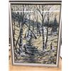 Image 2 : LARGE SUPPOSEDLY SHOE POLISH PAINTING OF TREES IN WINTER BY FR. P.E. COTE, GRAY FRAME 20" X 26" (ENV