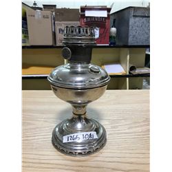SILVER COLOURED KEROSENE LAMP, NO SHADE