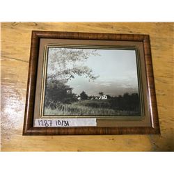 BROWN WOODEN FRAME 12 & 7/8" X 10 & 5/8"; (FARM BUILDINGS) MATTING.