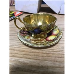 AYNSLEY, ESTABLISHED 1775, CUP & SAUCER, FRUIT DESIGN, GOLD INTERIOR HAS SLIGHT SCRATCH, EGLAND, FIN