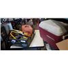 Image 1 : COLEMAN COOLER AND TRAY OF SHOP LIGHTS, GAS CAN, ETC