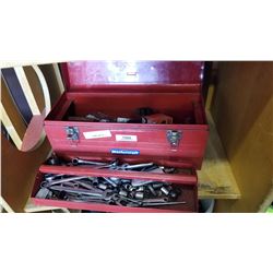 RED TOOLBOX WITH WRENCHES, SOCKETS AND SHOP SUPPLIES