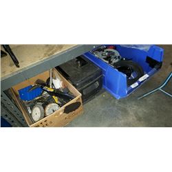 LARGE BIN, BOX AND TOOLBOX WITH SHOP SUPPLIES, GRINDING WHEELS AND STONES, SHELF BRACKETS, TOOLS, CL