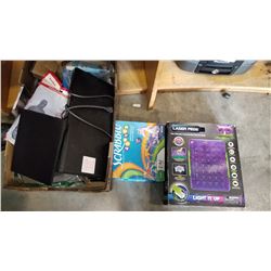 BOX OF GAMES, DVD PLAYER, FLAG STAND, SIDE VIEW MIRRORS, CABLES, CASES