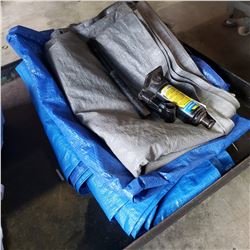 3 TARPS 4X6 8X10 AND 10X12 AND BOTTLE JACK
