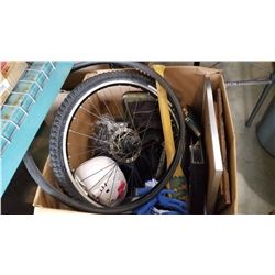 LARGE BOX OF ELECTORNICS, DECORATIVE OAR, BIKE TIRE, ETC