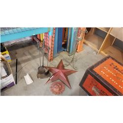 2 METAL STAR DECORATIONS, CAST SUN, COMPANION SET AND CANDLE STAND